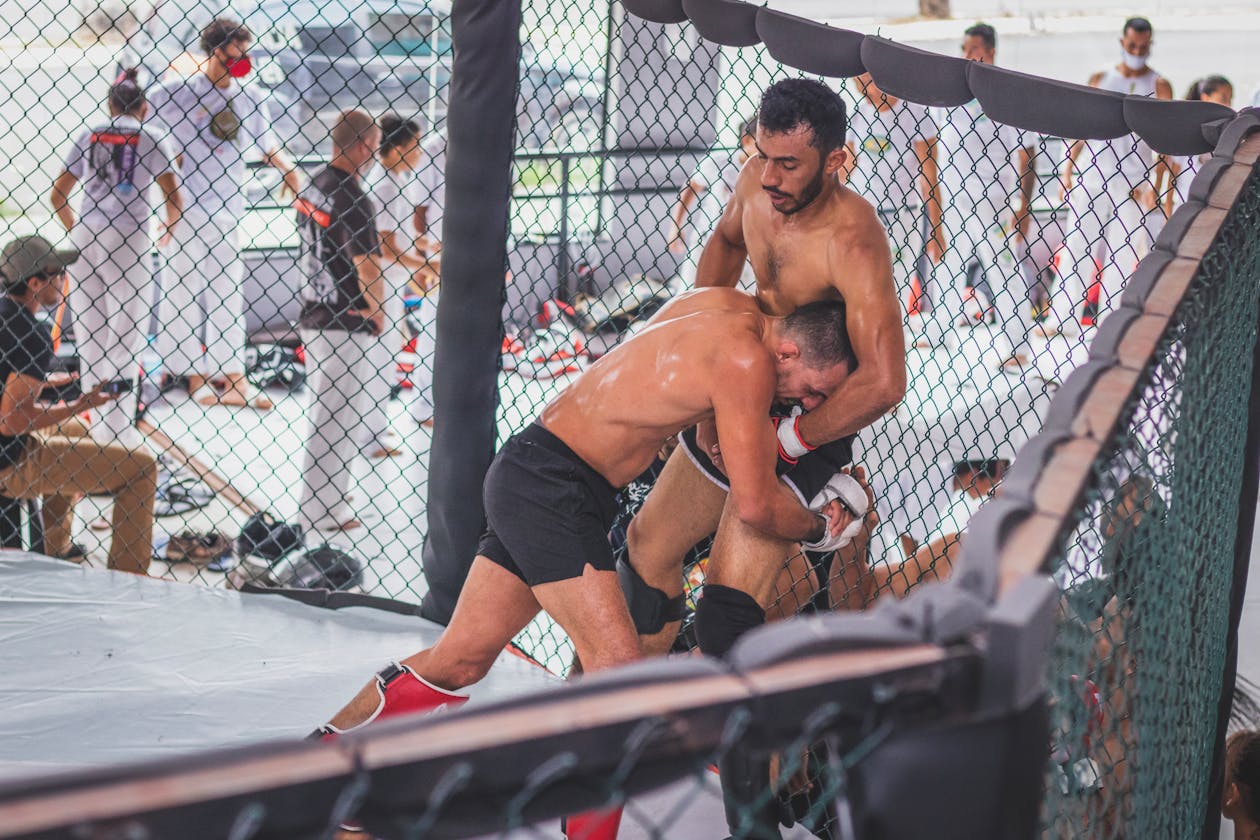 No-gi grappling sparring inside a training cage with athletes working guard positions