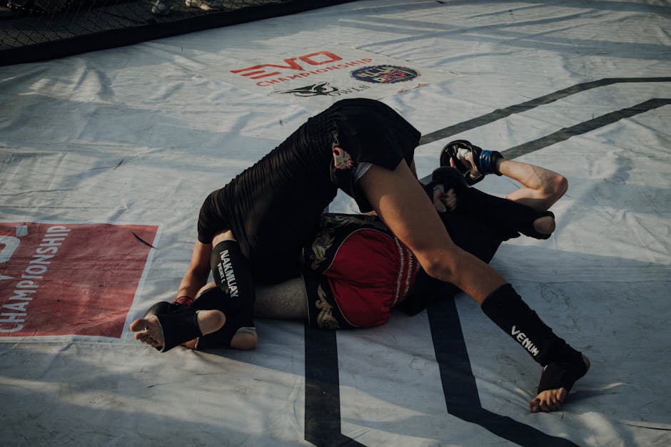 No-gi grappling fighters competing in arena MMA submission wrestling