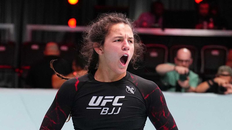 Bella Mir reacts after a UFC BJJ women's featherweight submission victory