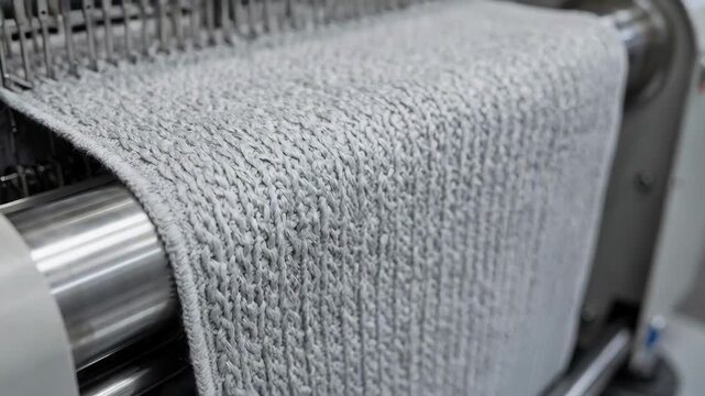 Closeup medium shot of wide elastic fabric being knitted on industrial machines highlighting thick sturdy loops ideal for hea