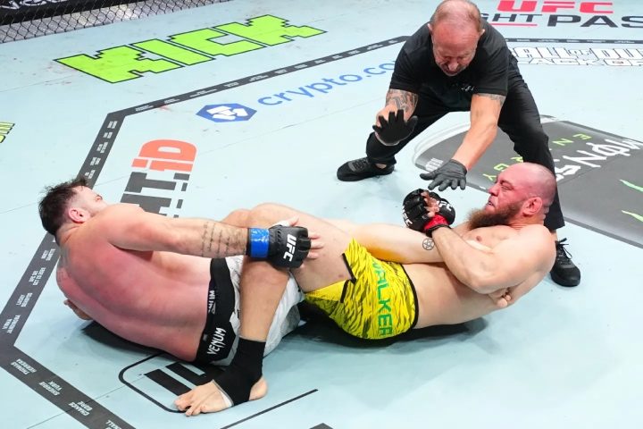Heel hook BJJ no-gi finish in UFC cage with referee intervening