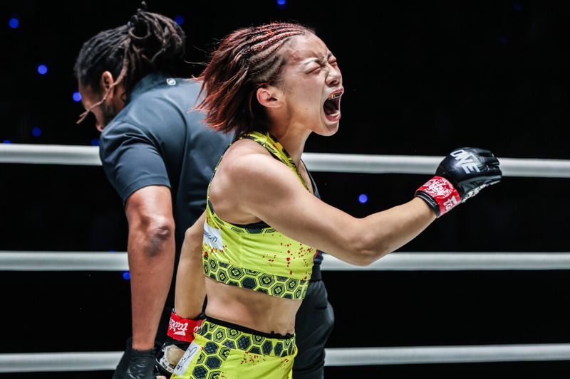 Ayaka Miura roaring after a no gi armbar style submission win at ONE Championship