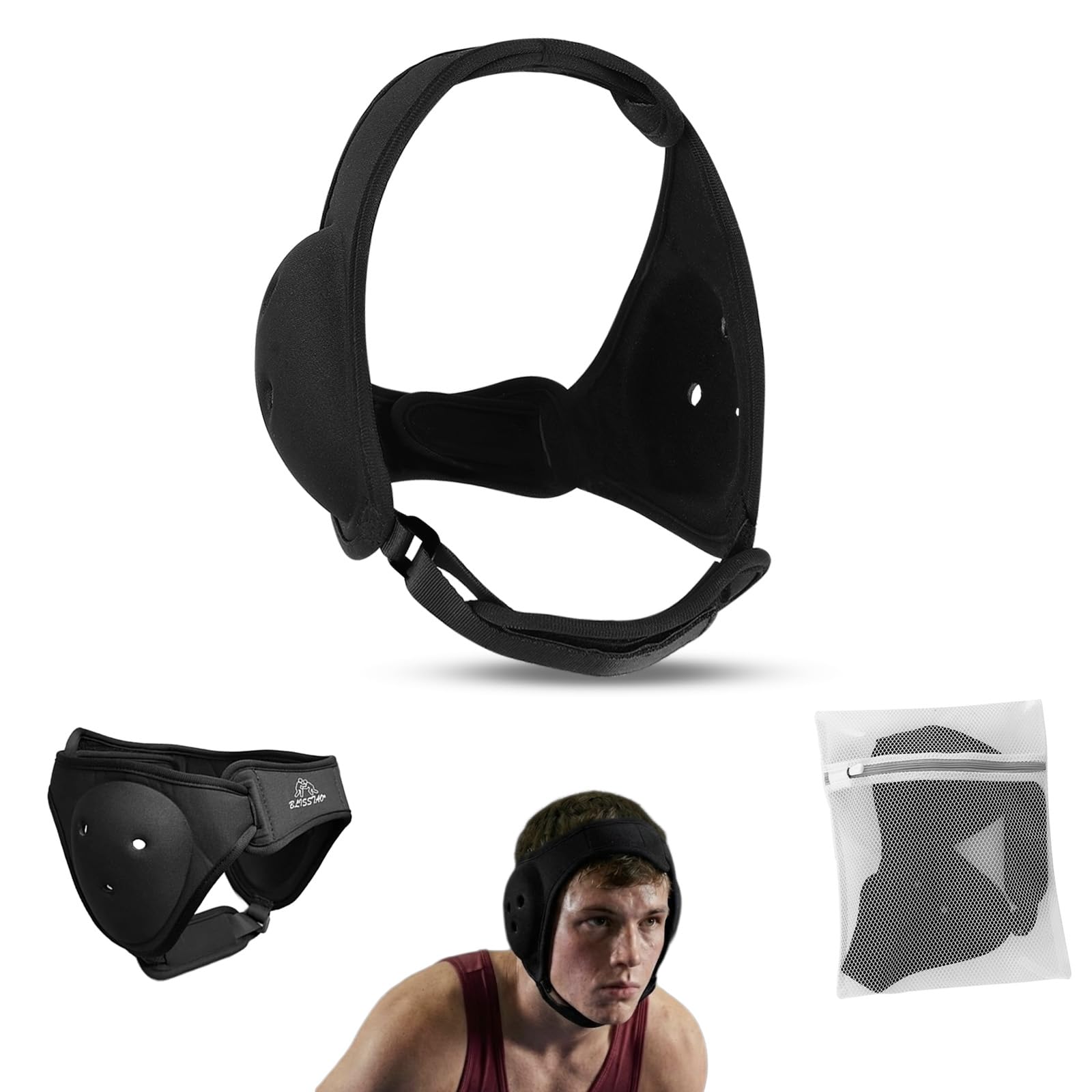 BLISSTAO Wrestling Headgear and BJJ Ear Guard, Soft and Low Profile, Reinforced Stitching, Padded Chin Strap, Includes Protec