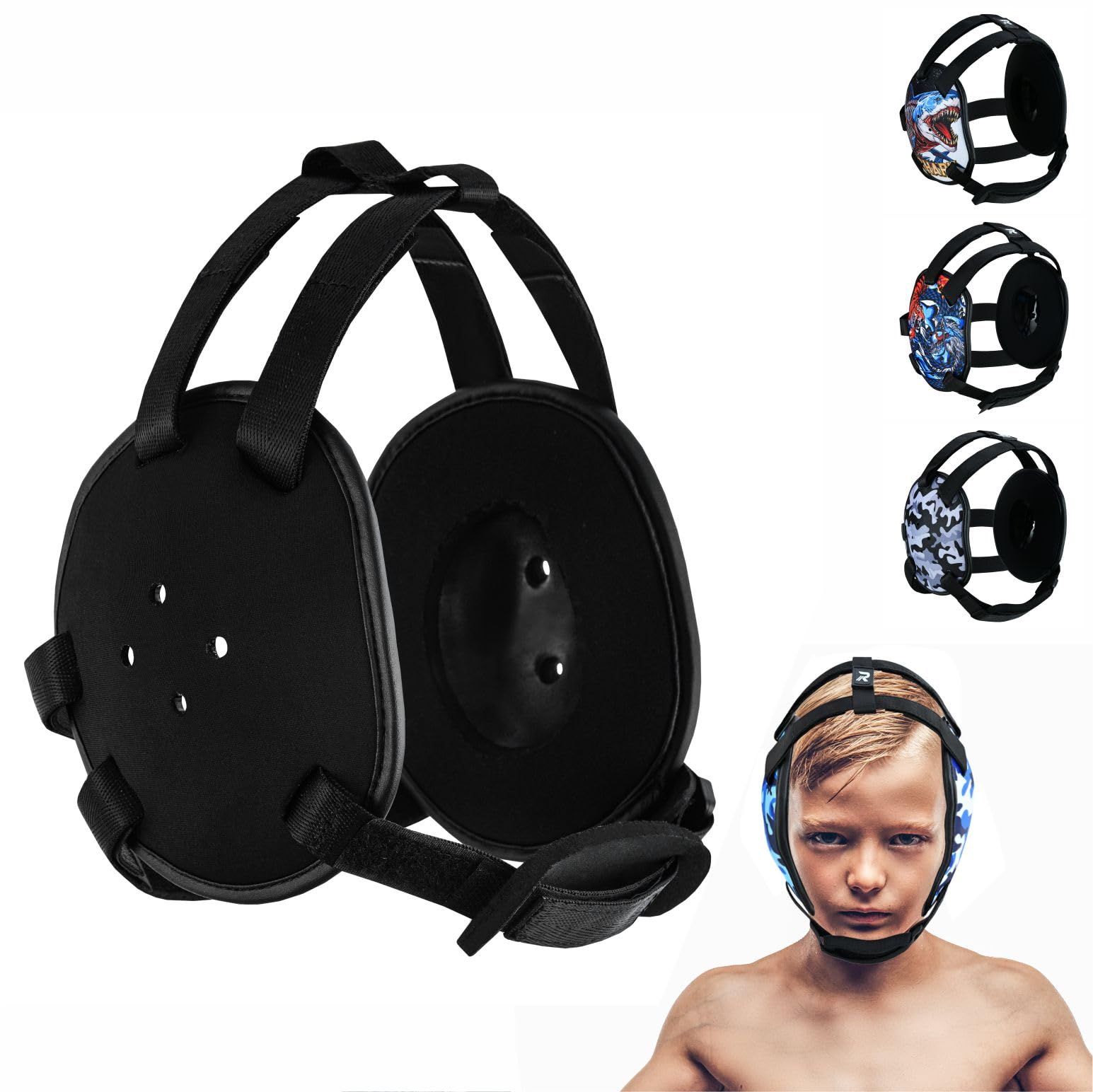 ROAR-INT Kid's Ear Guard BJJ Grappling Head Guard Adjustable Wrestling Headgear For Boys and Girls Earguard MMA Jiu Jitsu (Bl