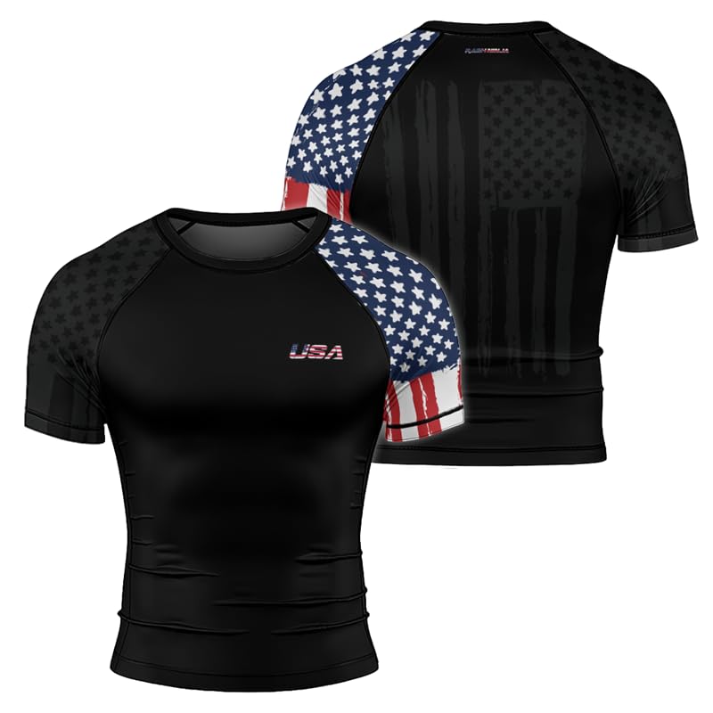 RASHNINJA BJJ Short Sleeve USA American Flag Patriotic Compression Rashguard MMA Jiu Jitsu Grappling Fighting Sport