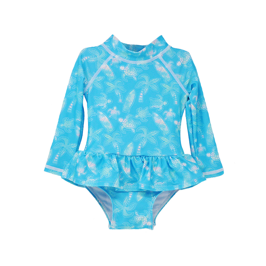 Flap Happy Kids UPF 50+ Infant Ruffle Rash Guard swimsuit in Coco Beach Turtles for sun protection. The Print is Turquoise wi