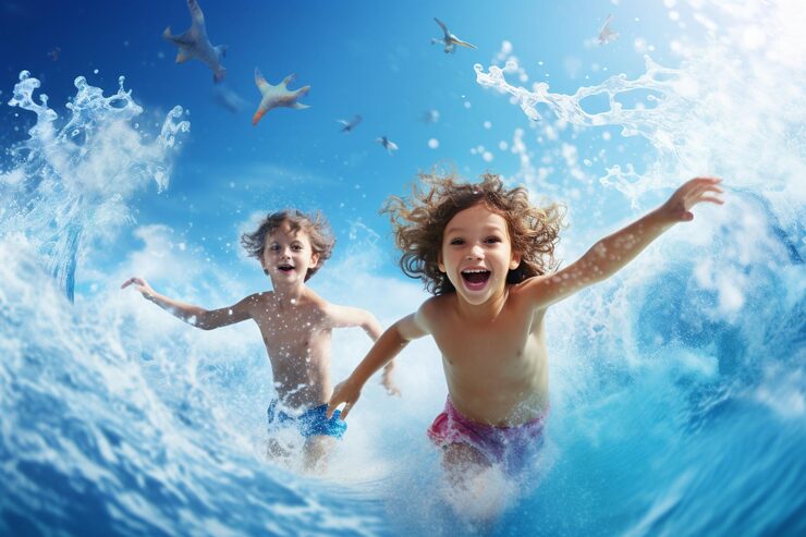 Photo paper with kids swimming in ocean