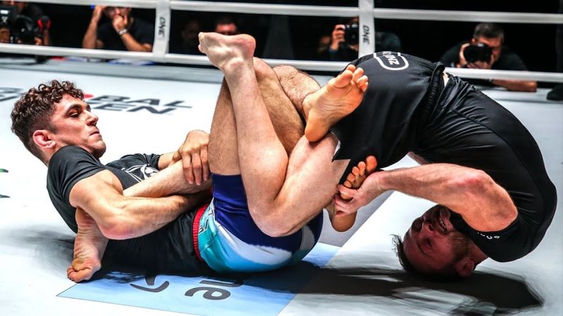Mikey Musumeci attacking from no-gi single leg X-guard in ONE Championship