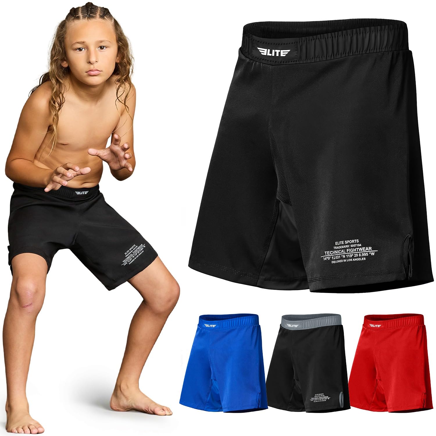 Elite Sports Kids MMA BJJ No Gi Grappling Shorts, Boxing Trunks for Boys & Girls, Youth Jiu Jitsu Fight Training Shorts
