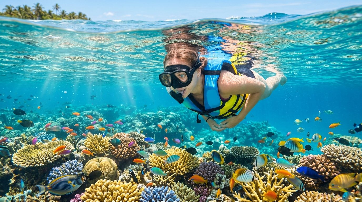 A young woman wearing a life vest and snorkel gear swimming over a vibrant coral reef.
