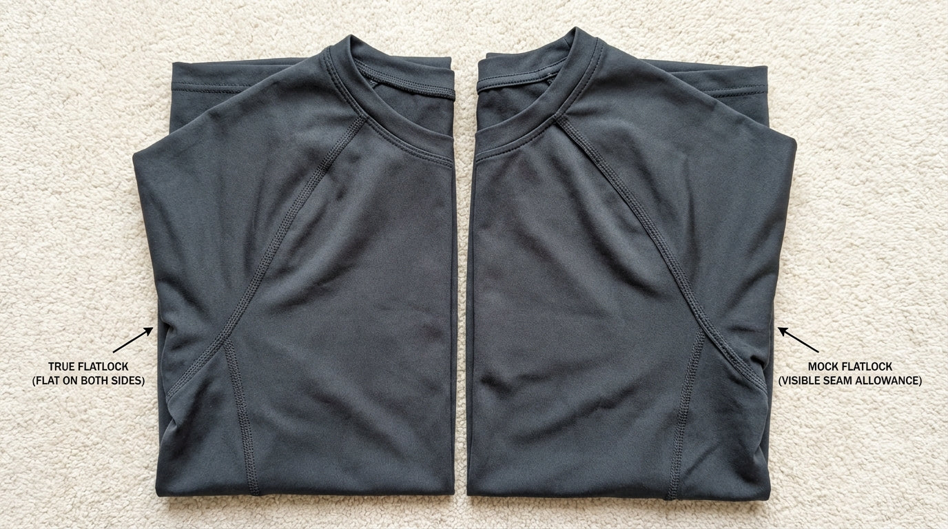Side-by-side comparison of real flatlock seam and mock flatlock seam on two compression garments.