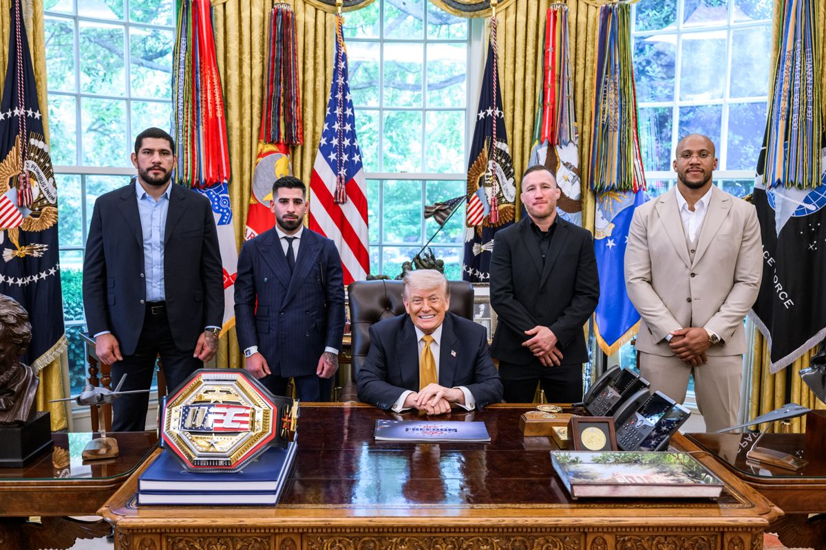UFC Freedom 250 fighters with President Trump in the Oval Office White House visit
