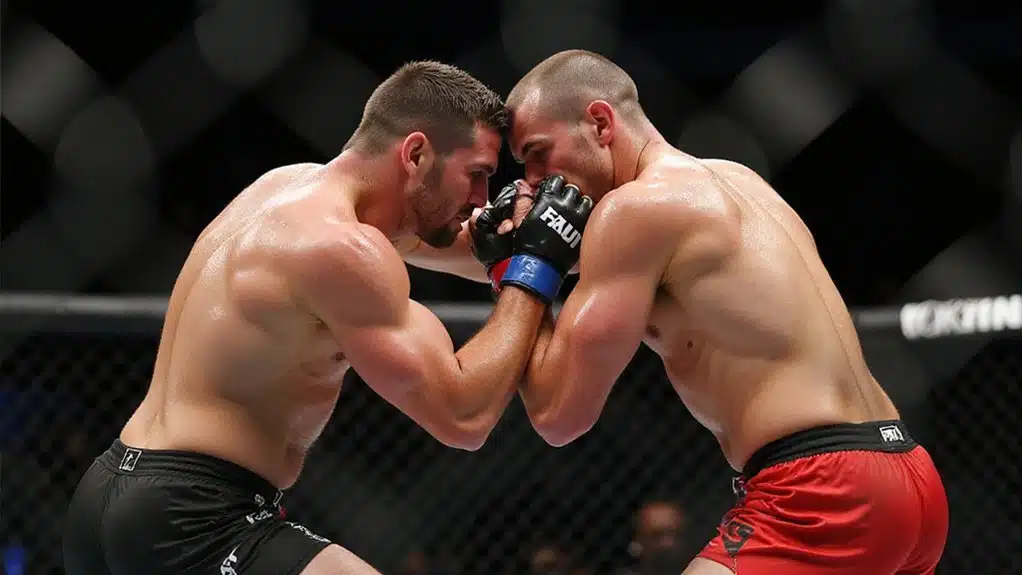 Two Mma Fighters In Close-Range Clinch Position, Controlling Posture And Grips In The Standing Grappling Exchange That Define