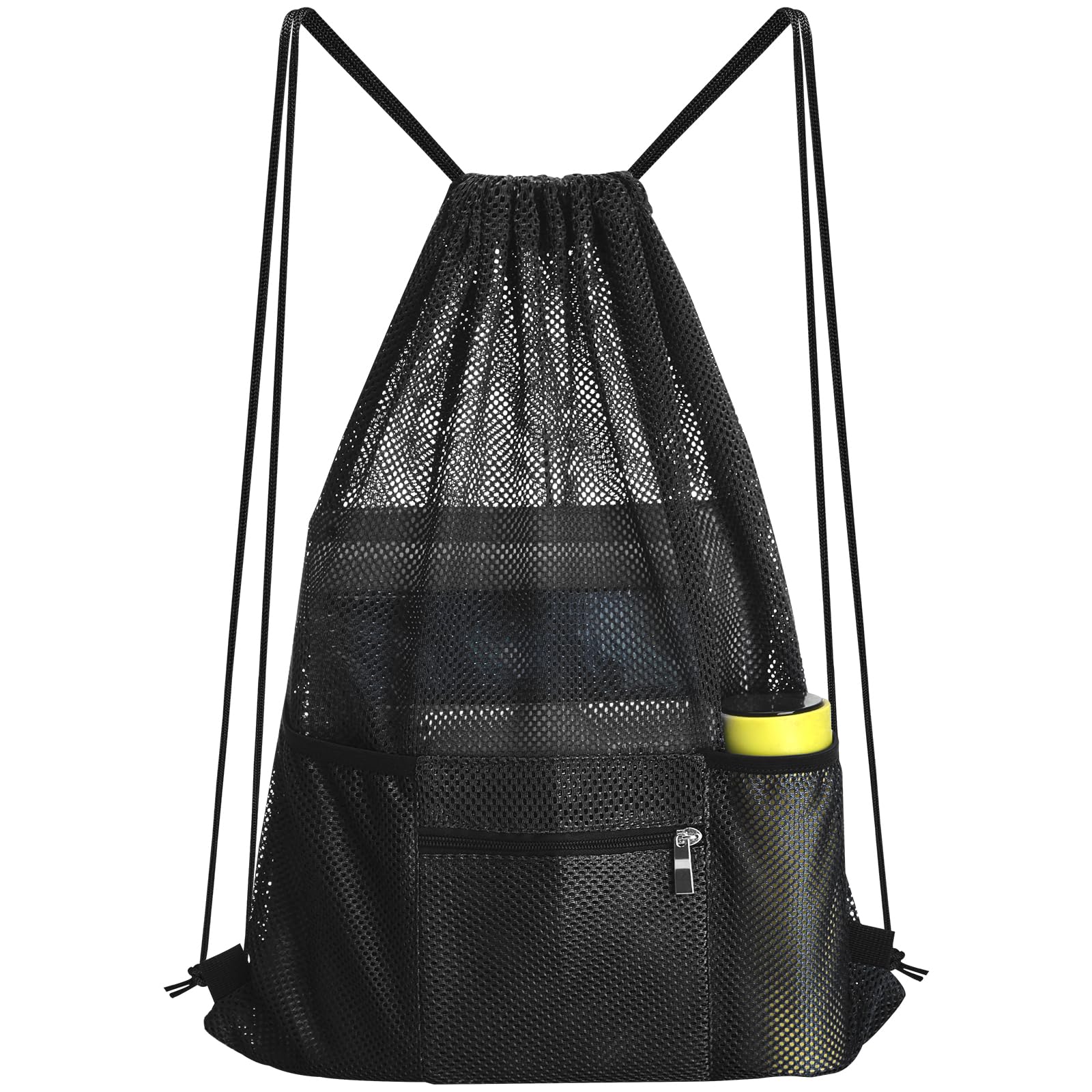 NATURAL STYLE Mesh Drawstring Backpack Bag, Gym Sports Bag with Zipper Pocket Bottle Holder, String Beach Bag for Swiming ...