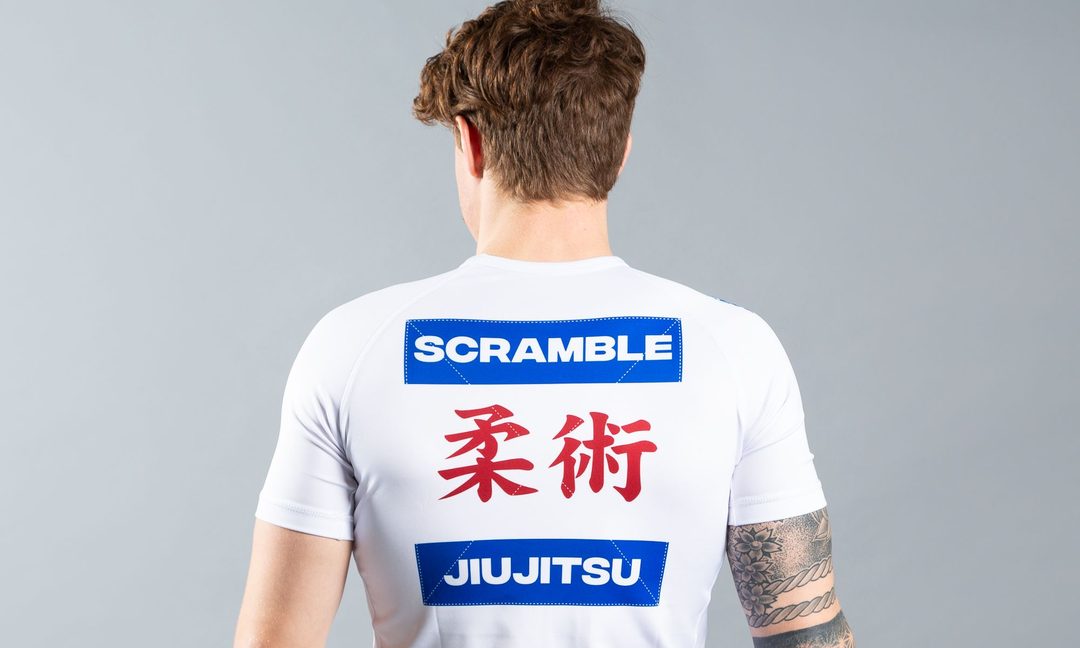 Scramble Shiai rashguard back panel showing brand and jiu-jitsu design