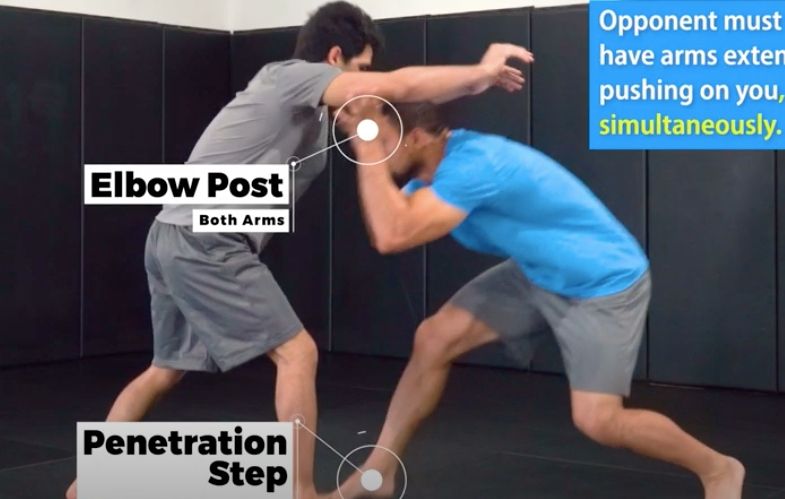 Grapplers in a collar tie setting up a double leg takedown penetration step