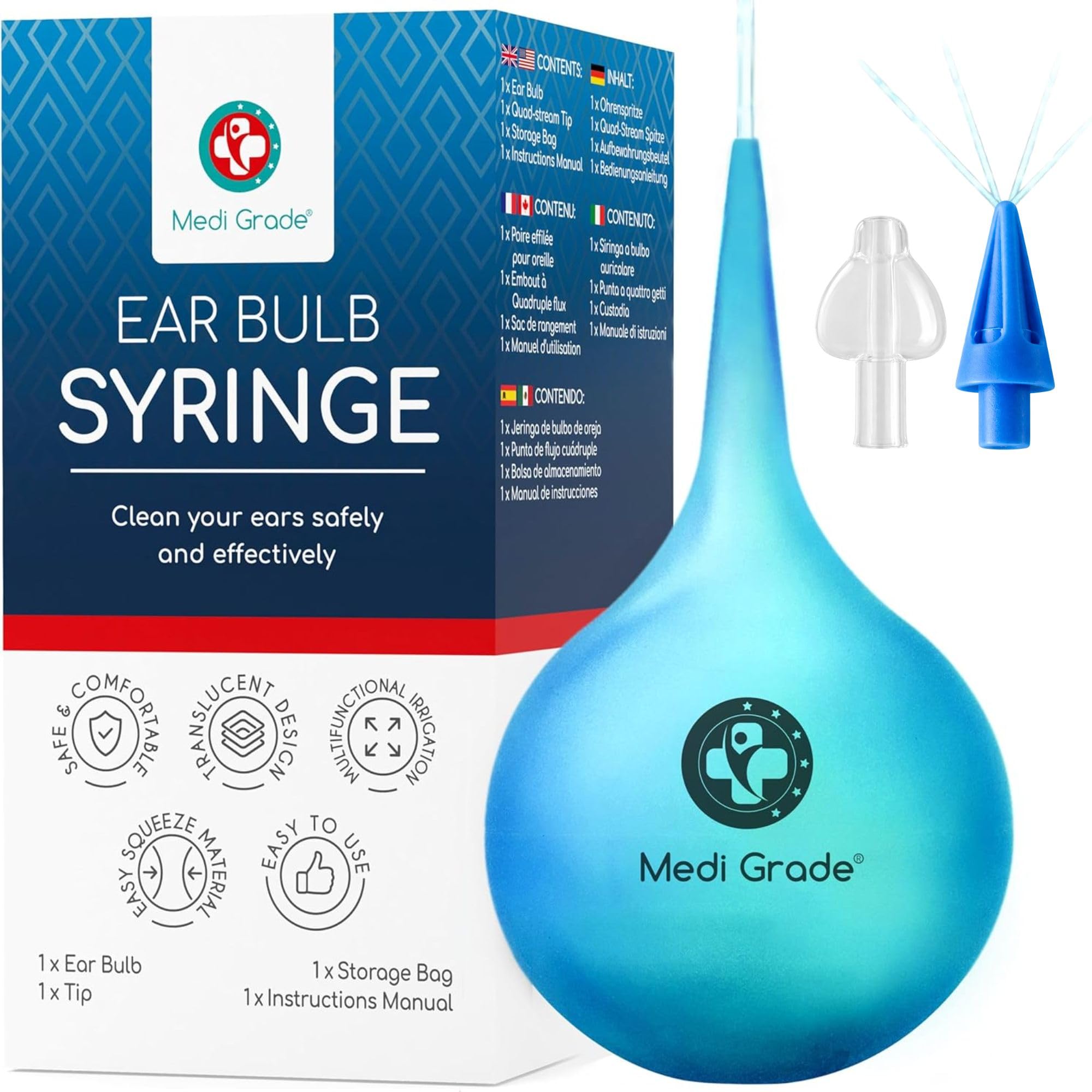Medi Grade Ear Bulb Syringe 75ml (2.54 fl oz) – Quad Stream Ear Syringe for Ear Irrigation - Gentle Earwax Removal Tool – Bul