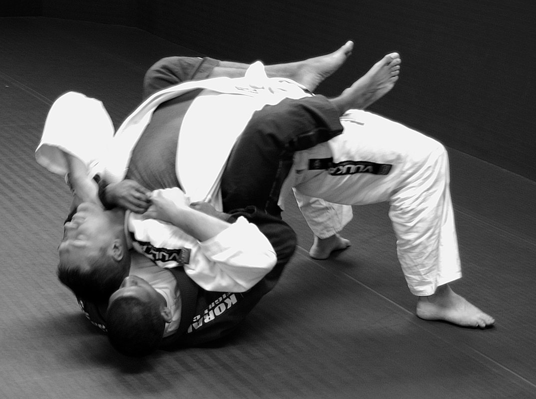 Two grapplers demonstrating the back take technique in a Brazilian Jiu-Jitsu class