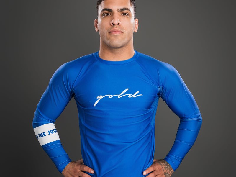 Gold BJJ Foundation long sleeve rashguard in ranked blue for no-gi grappling