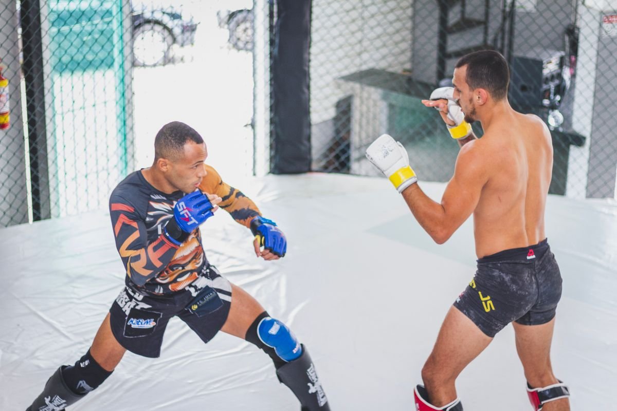 MMA fighter in sublimated rashguard training in no-gi competition gear