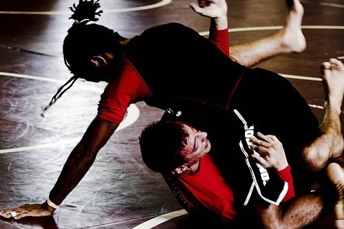 No-gi half guard sweep scramble between two grapplers