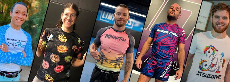 Range of rashguard designs worn by no-gi grapplers