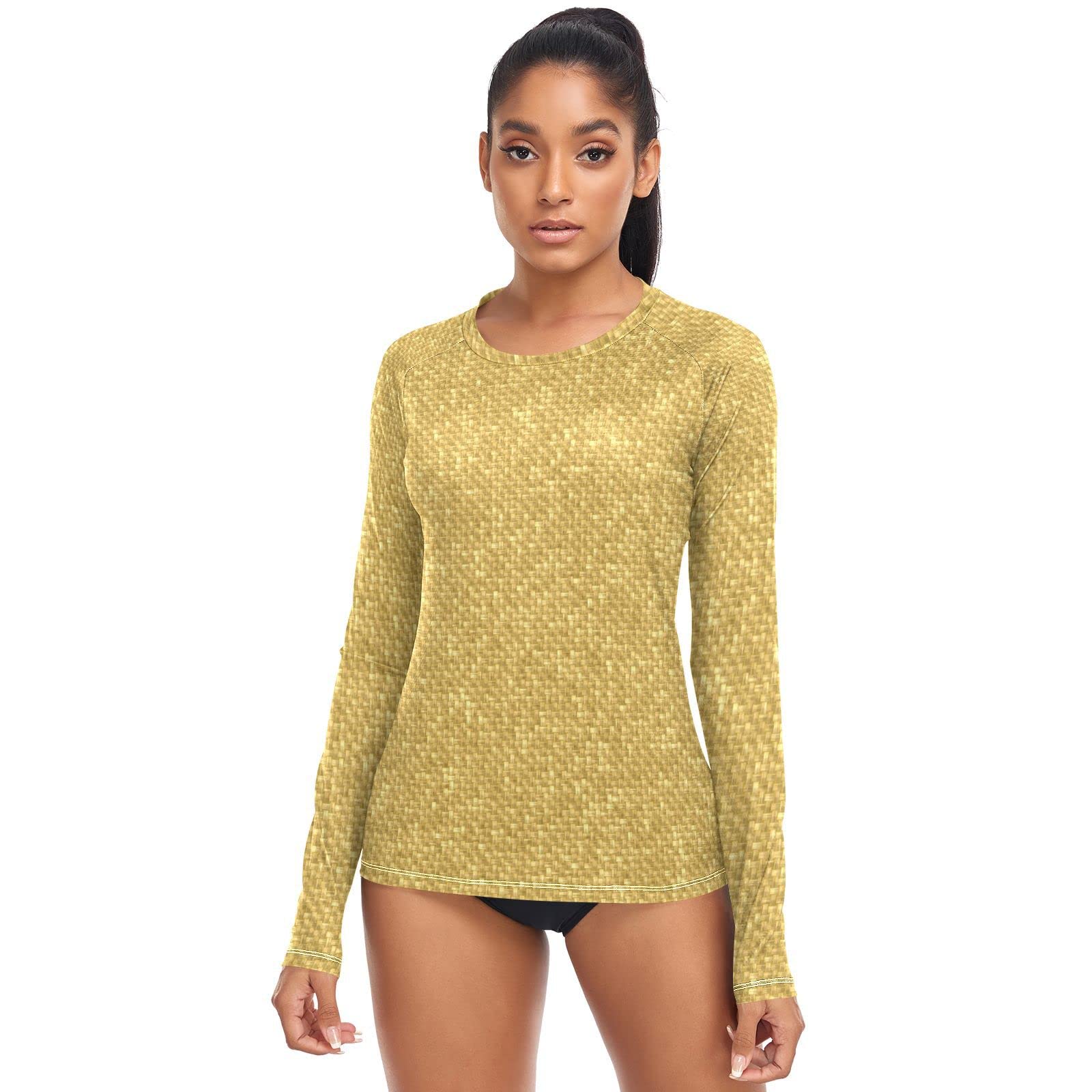 Gold Rough Fabric Texture Women's Swim Shirts, Hiking Shirts Rash Guard Sun Protection Athletic Shirts, X-Small