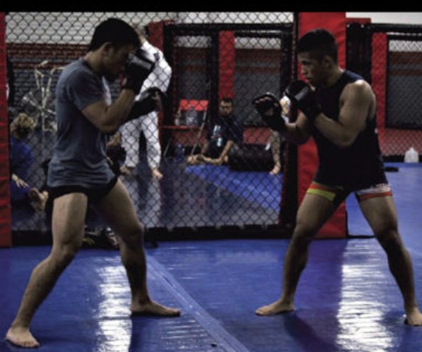 MMA athletes practicing a combination of striking, grappling, and submission techniques in a gym