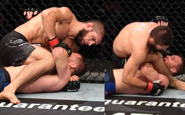 Khabib Nurmagomedov applying triangle choke in no-gi grappling