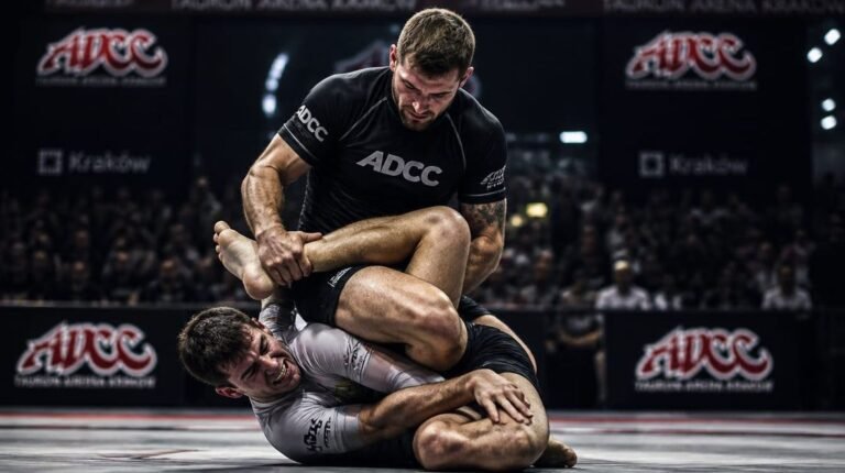 No-gi grapplers scrambling for a leg lock at ADCC 2026 in Krakow