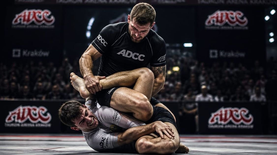 No-gi grapplers scrambling for a leg lock at ADCC 2026 in Krakow