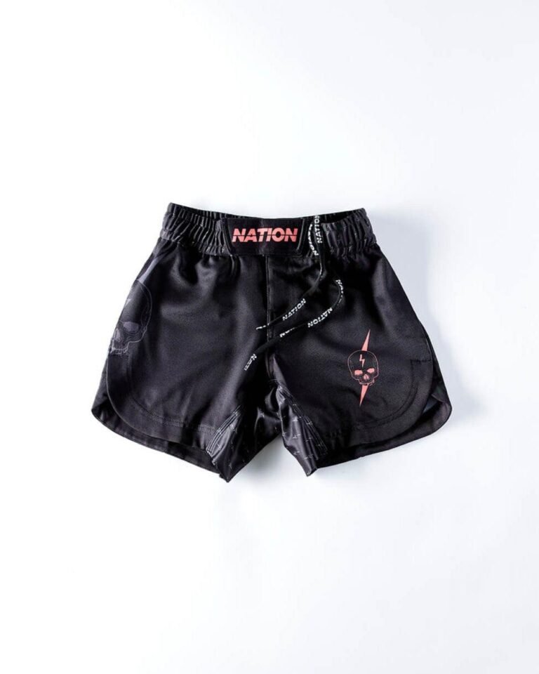 Black BJJ grappling shorts with elasticated waist, durable 4-way stretch fabric, and sublimated grap