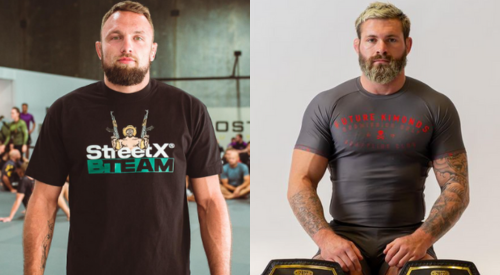 No-gi grappling competition match with competitors in spats and rashguards