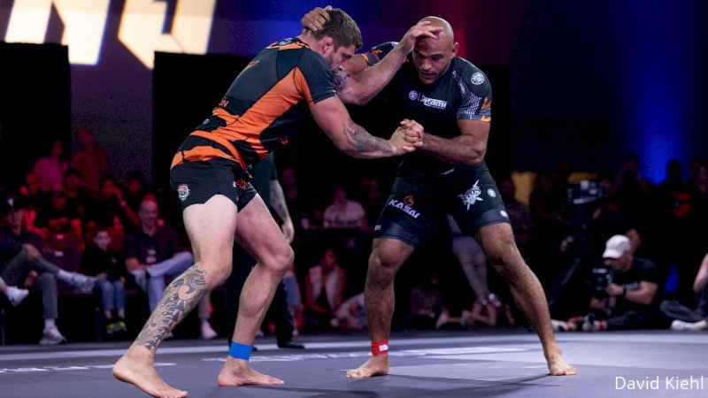 Nick Rodriguez and Kaynan Duarte in a standing clinch exchange in no-gi grappling