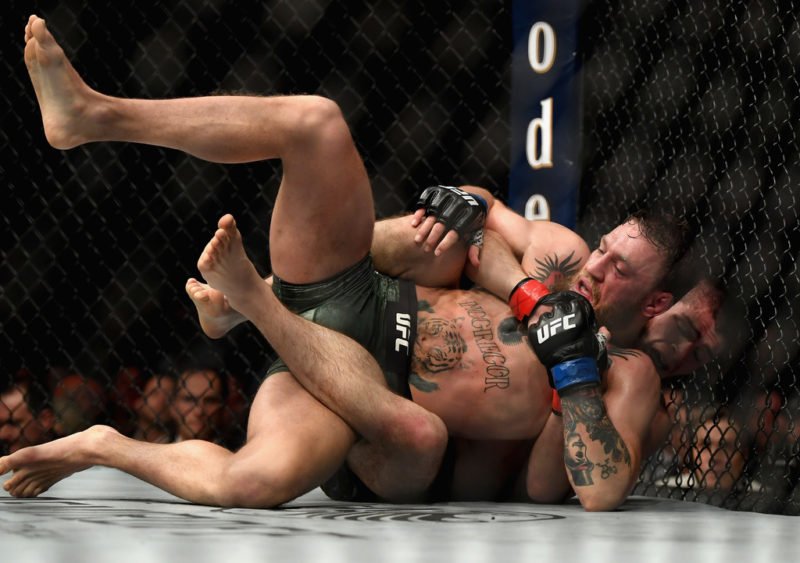 Khabib Nurmagomedov applies rear naked choke to Conor McGregor at UFC 229