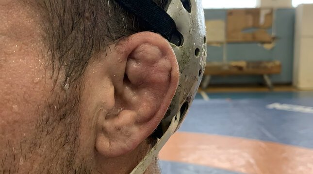 Close-up of wrestlers ear with cauliflower deformity in training gym