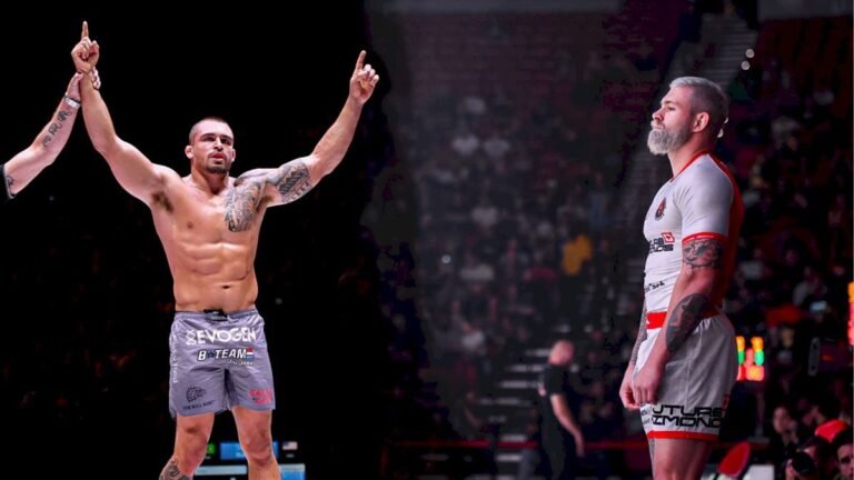 Two no-gi grapplers celebrating in rashguards after a competition match
