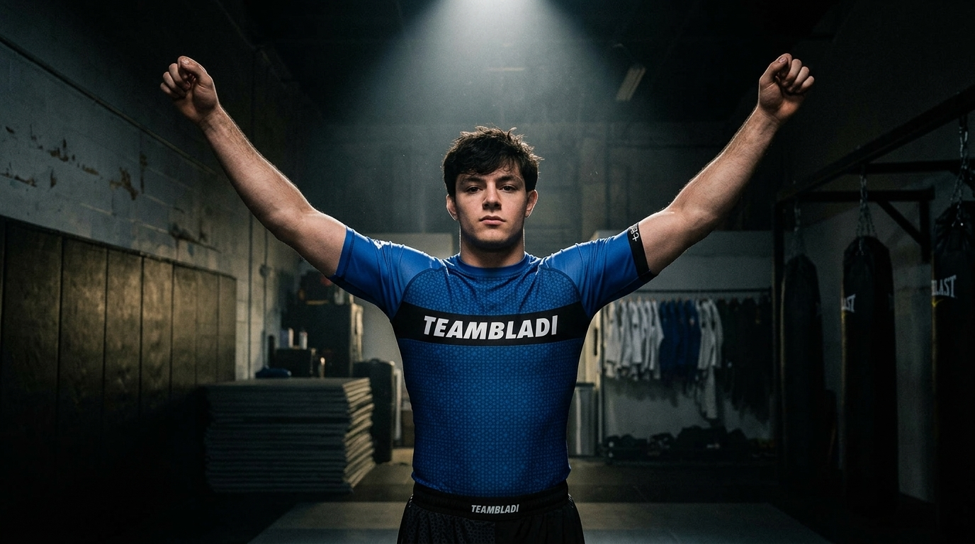 BJJ athlete in blue TEAMBLADI rashguard demonstrating fit-test with arms raised – BJJ Rashguard Sizing Guide