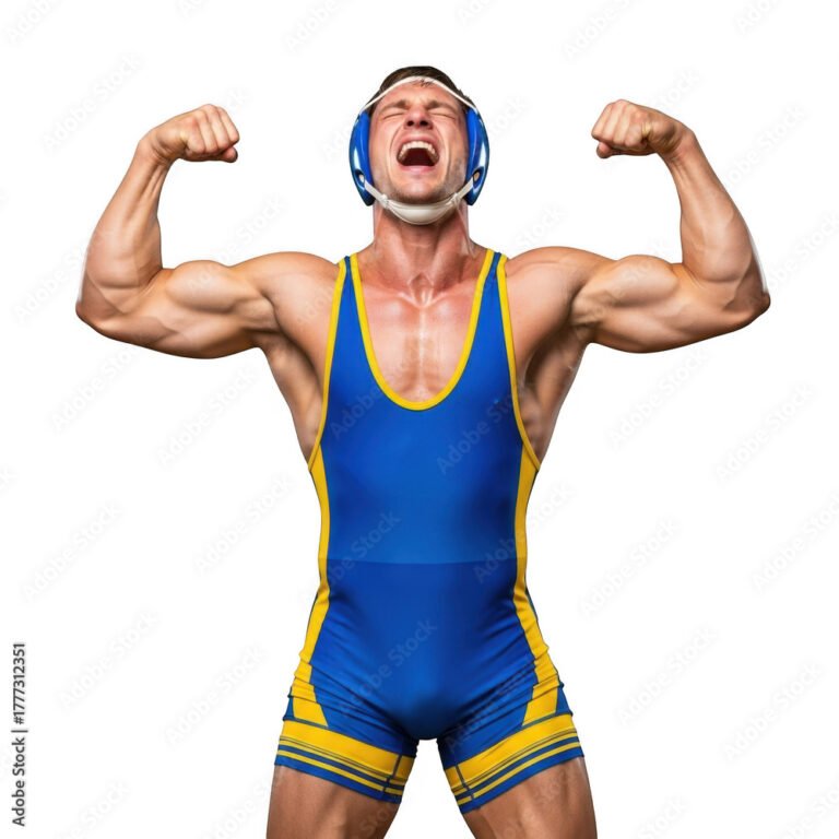 Muscular male athlete in wrestling singlet and headgear triumphantly flexing both biceps with intense expression isolated on