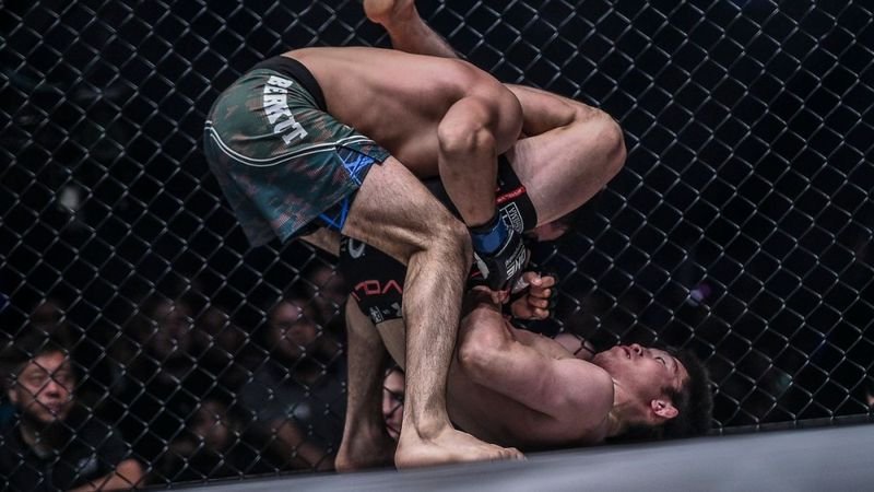 Grappler mid-air during a flying armbar no-gi entry, controlling the head before landing